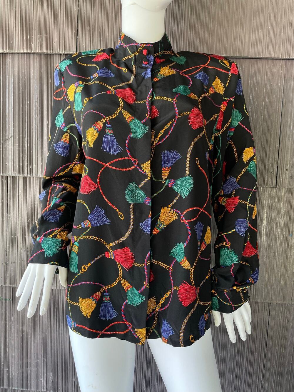 VTG 80s Talbots Silk Tassel Gold Chain Button Shirt Long Sleeve Preppy Sz 12